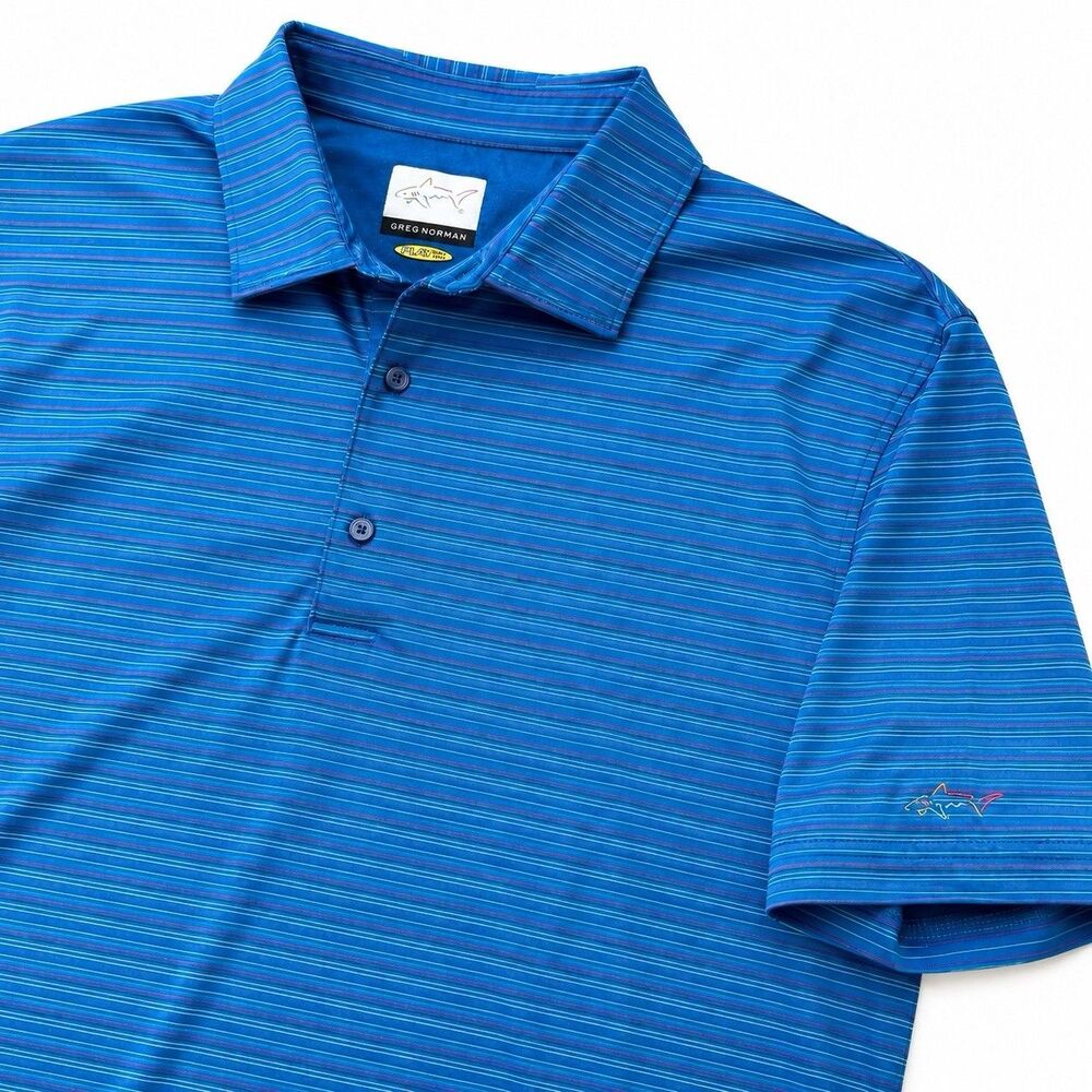 Greg Norman Play Dry Men's Blue Red Micro Stripe Shark Golf Polo L Performance